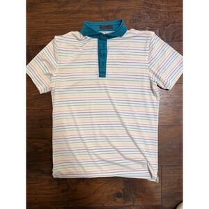 G/FORE Mens Multi Color Stripe Golf Polo Shirt Teal Collar White Medium